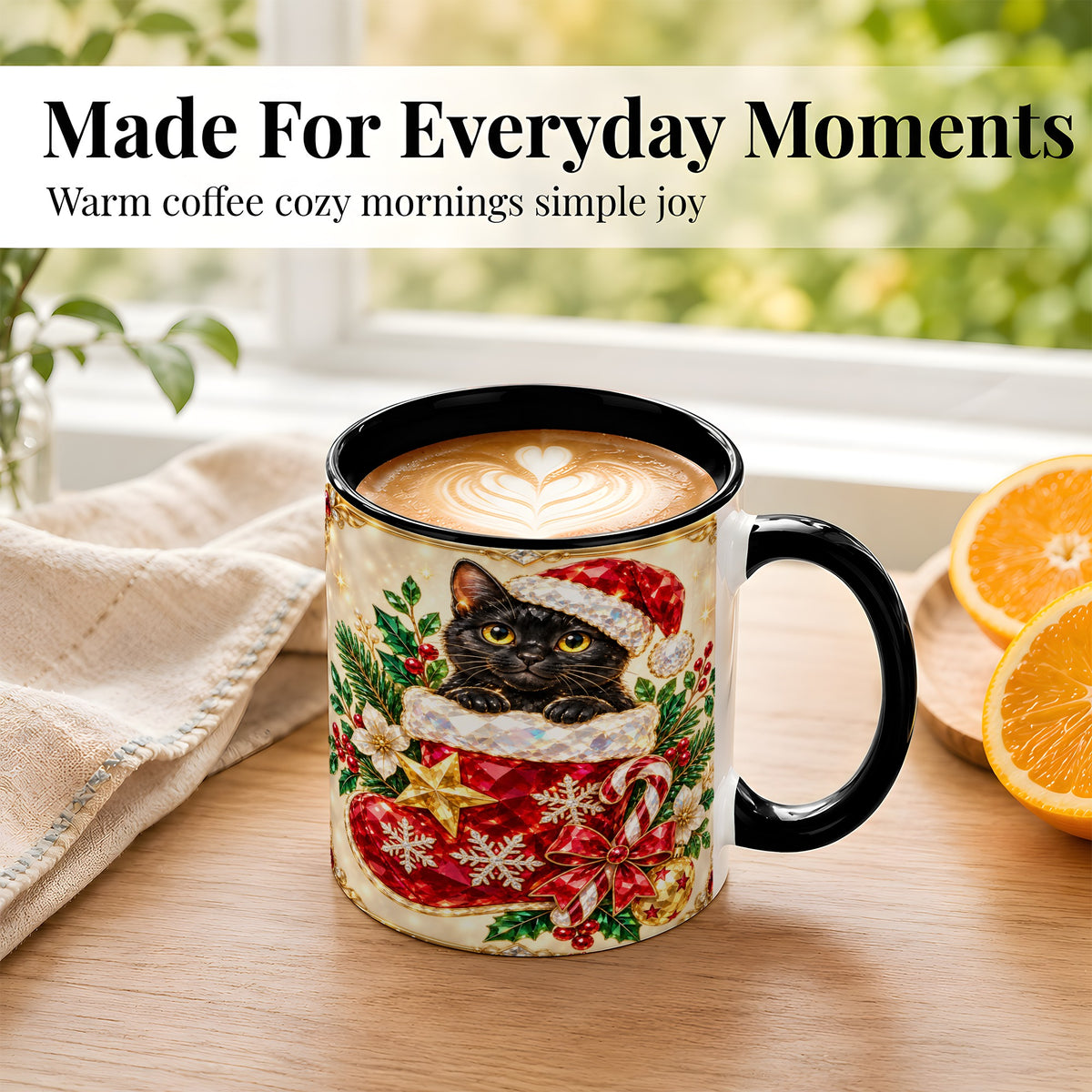 #pl[11oz|Black] Gemstone Black Cat Coffee Mug, Christmas Cat Mug, Ceramic Cup