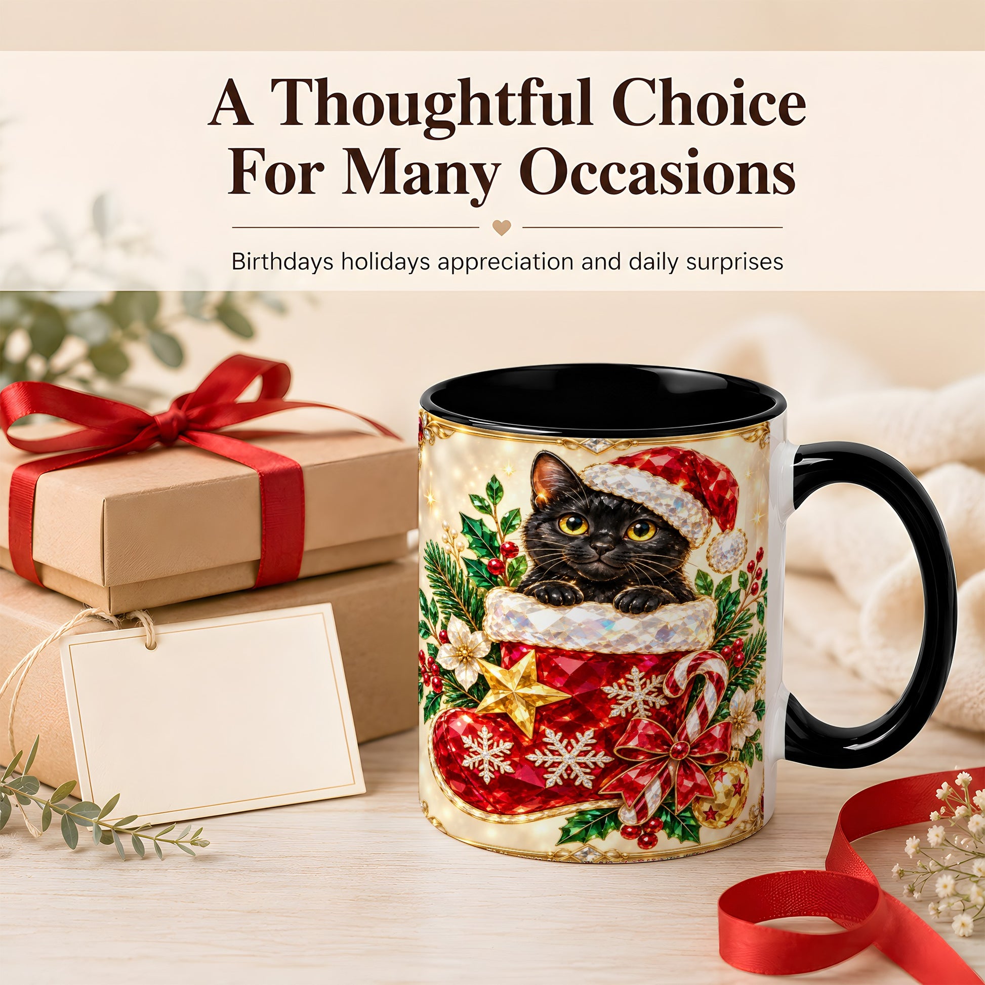 #pl[11oz|Black] Gemstone Black Cat Coffee Mug, Christmas Cat Mug, Ceramic Cup