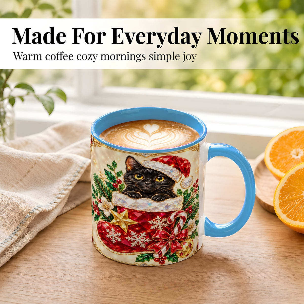 #pl[11oz|Blue] Gemstone Black Cat Coffee Mug, Christmas Cat Mug, Ceramic Cup