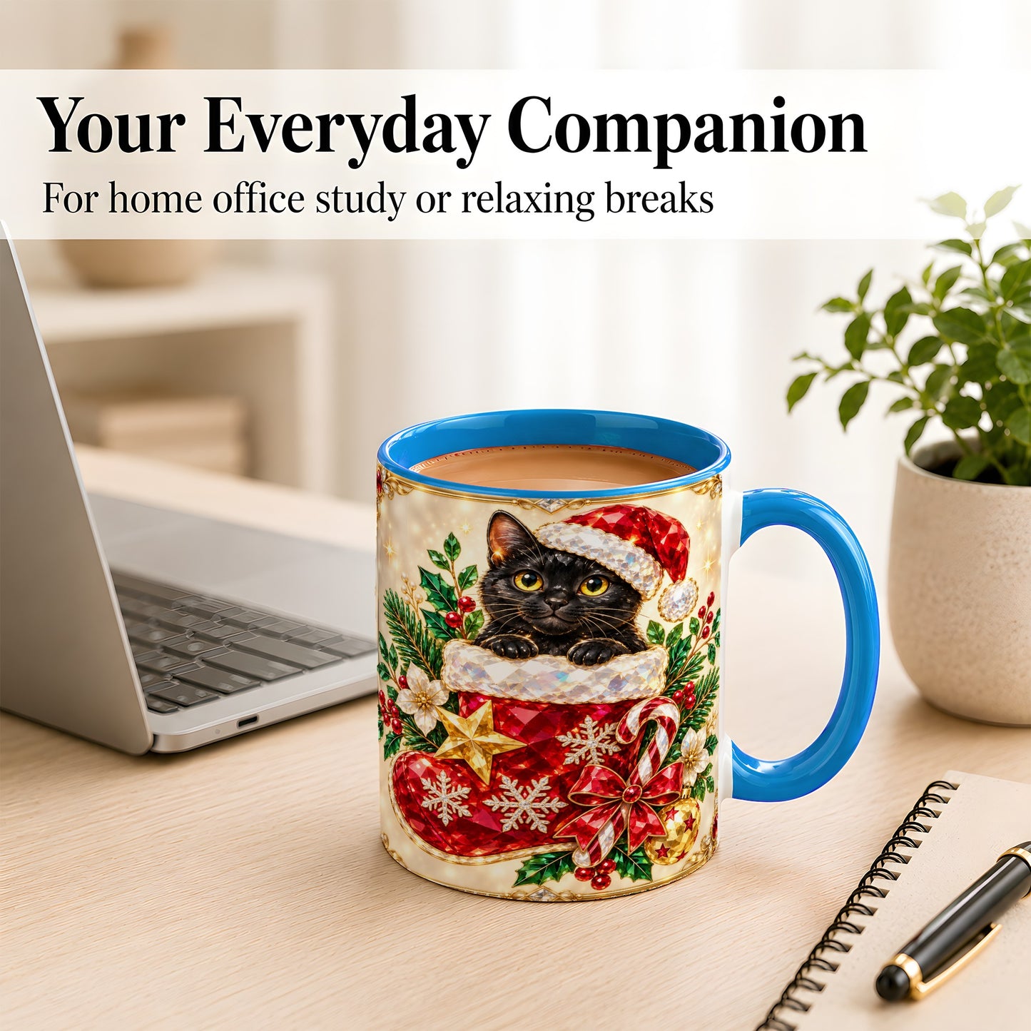 #pl[11oz|Blue] Gemstone Black Cat Coffee Mug, Christmas Cat Mug, Ceramic Cup