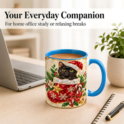 #pl[11oz|Blue] Gemstone Black Cat Coffee Mug, Christmas Cat Mug, Ceramic Cup