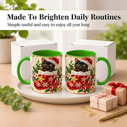 #pl[11oz|Green] Gemstone Black Cat Coffee Mug, Christmas Cat Mug, Ceramic Cup