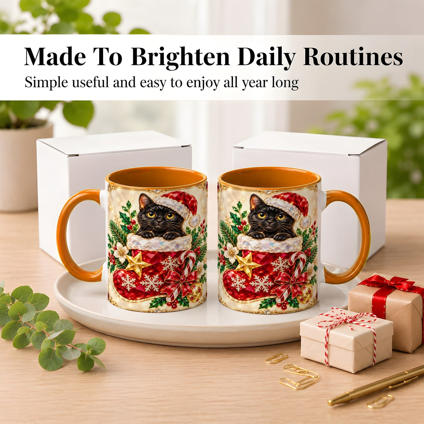 #pl[11oz|Orange] Gemstone Black Cat Coffee Mug, Christmas Cat Mug, Ceramic Cup