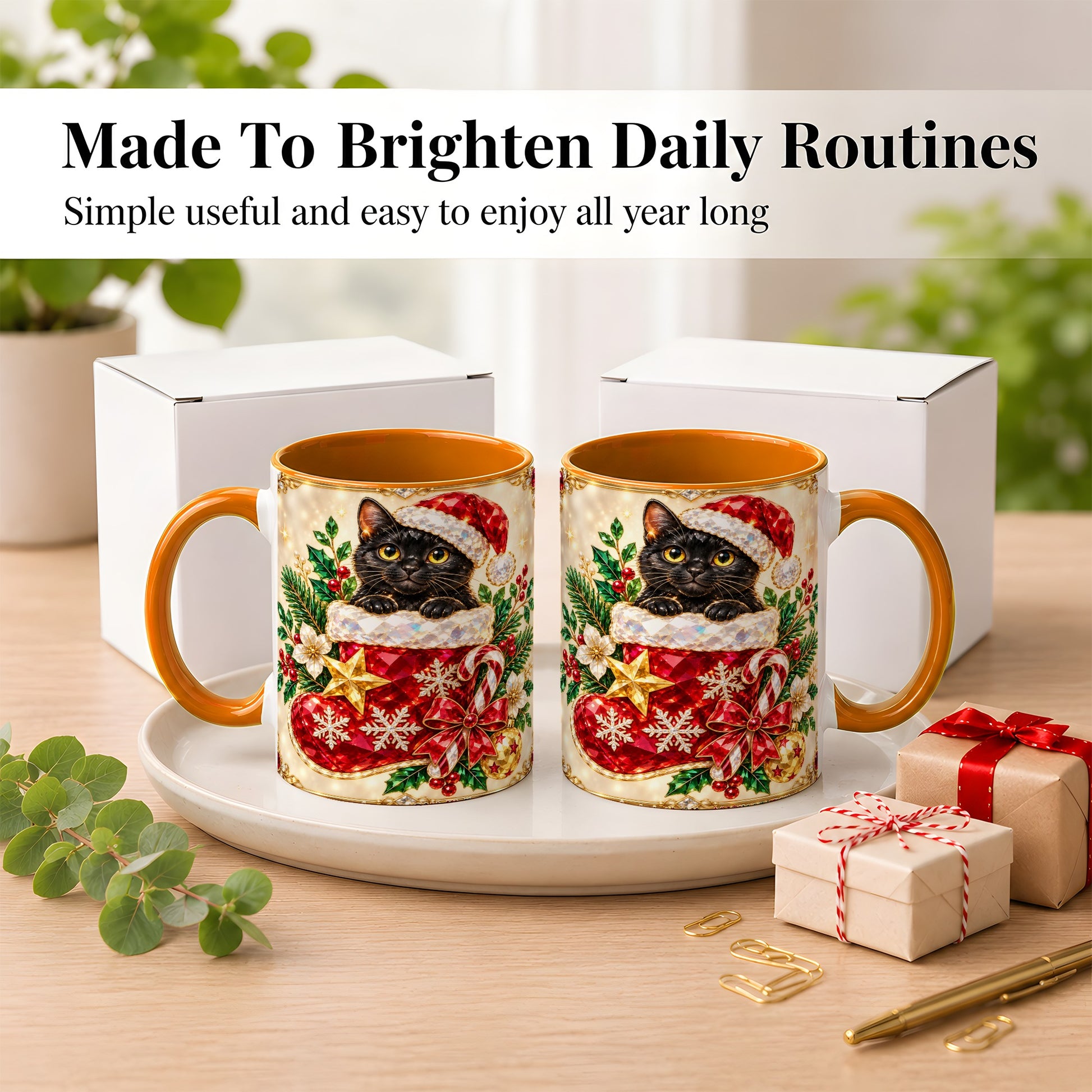 #pl[11oz|Orange] Gemstone Black Cat Coffee Mug, Christmas Cat Mug, Ceramic Cup