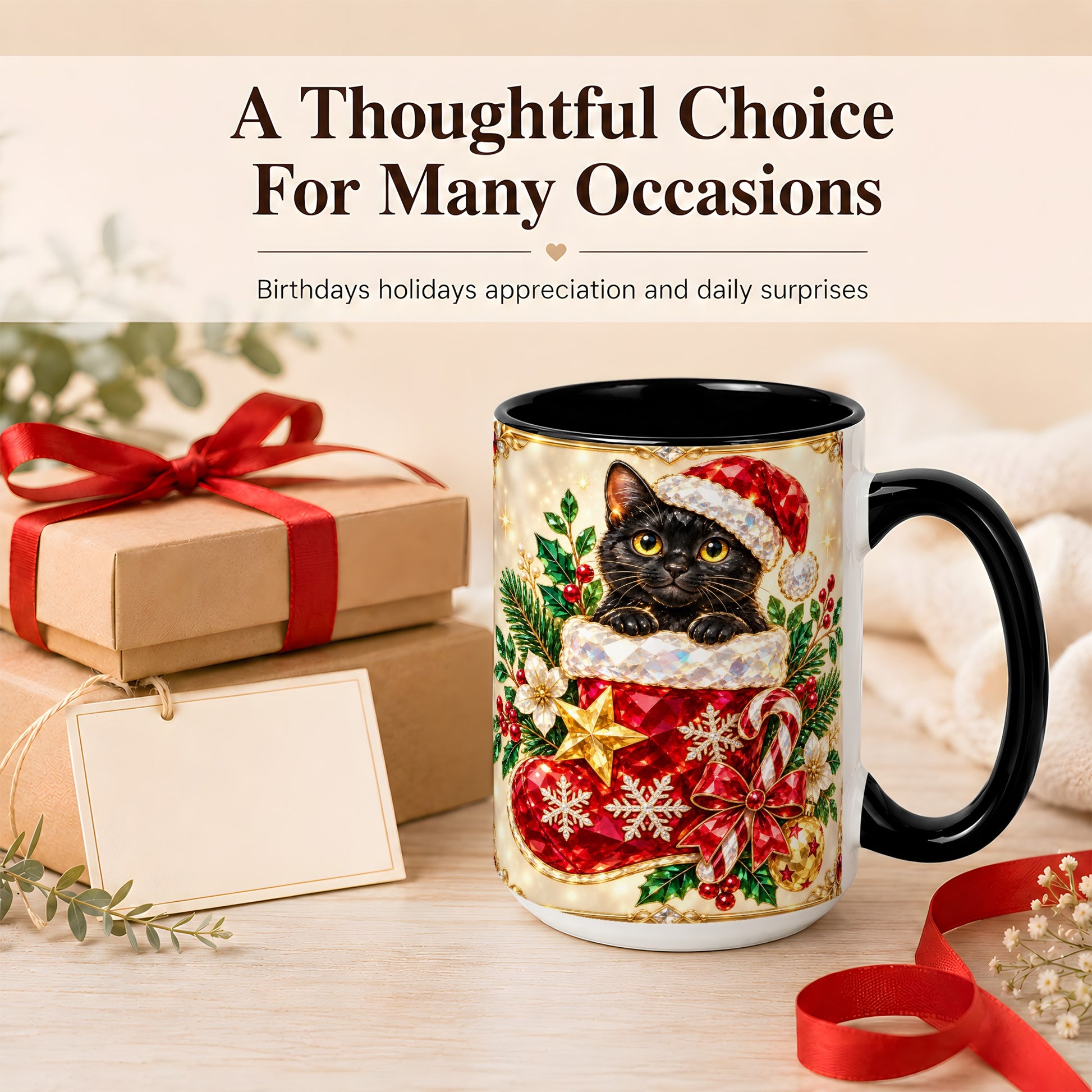 #pl[15oz|Black] Gemstone Black Cat Coffee Mug, Christmas Cat Mug, Ceramic Cup