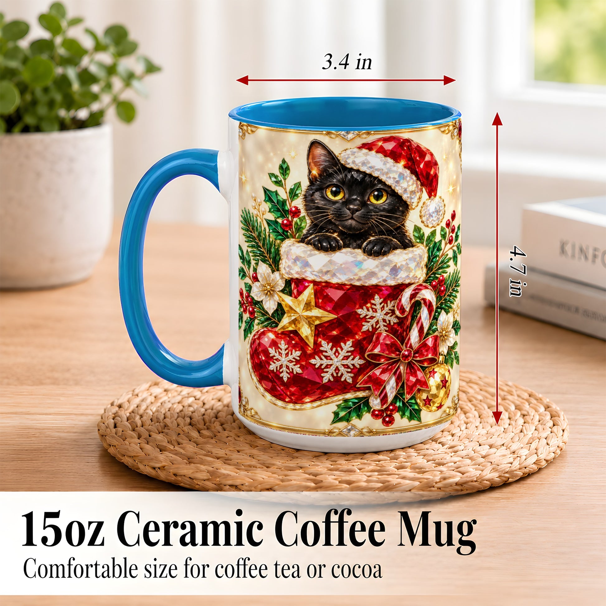 #pl[15oz|Blue] Gemstone Black Cat Coffee Mug, Christmas Cat Mug, Ceramic Cup