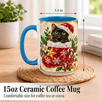 #pl[15oz|Blue] Gemstone Black Cat Coffee Mug, Christmas Cat Mug, Ceramic Cup