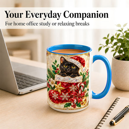 #pl[15oz|Blue] Gemstone Black Cat Coffee Mug, Christmas Cat Mug, Ceramic Cup