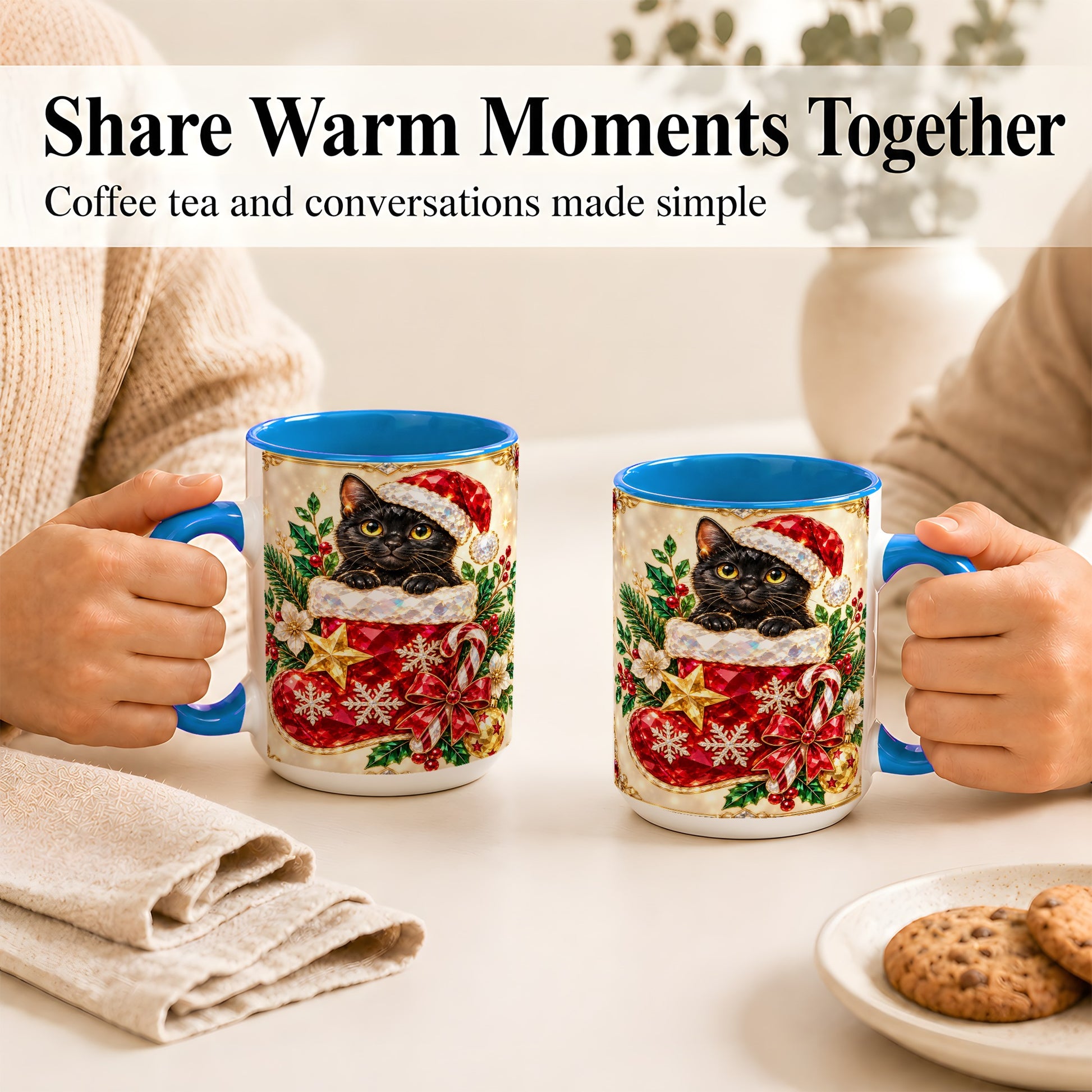 #pl[15oz|Blue] Gemstone Black Cat Coffee Mug, Christmas Cat Mug, Ceramic Cup