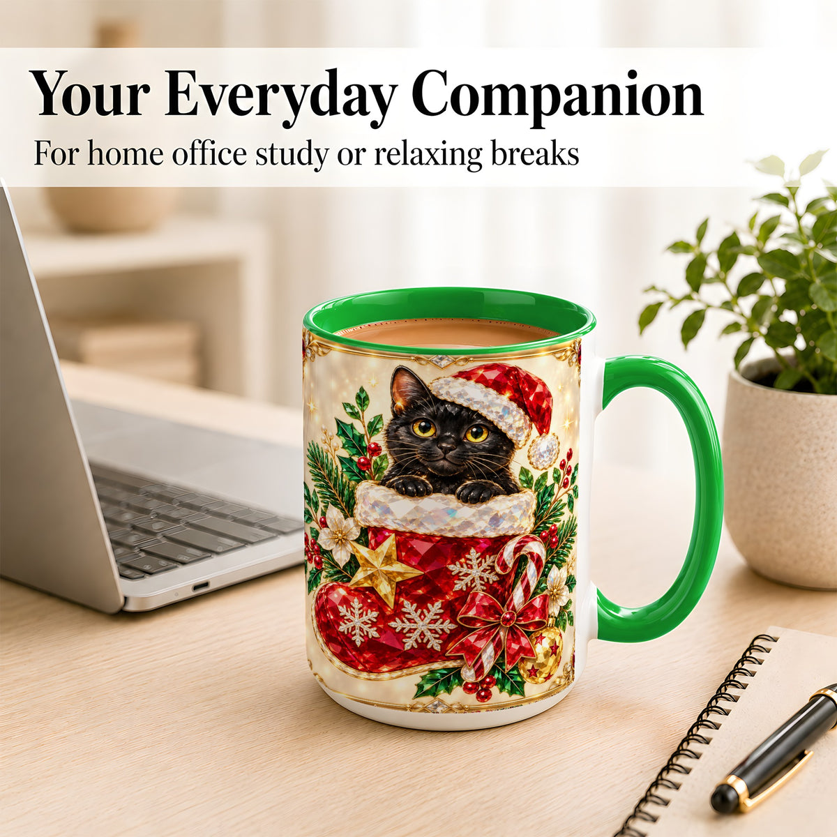 #pl[15oz|Green] Gemstone Black Cat Coffee Mug, Christmas Cat Mug, Ceramic Cup