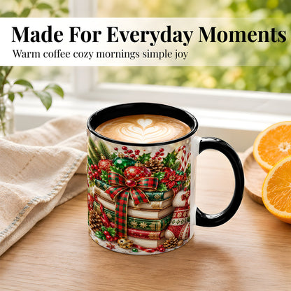 #pl[11oz|Black] Christmas Book Stack Coffee Mug, Tartan Holiday Mug, Ceramic Cup