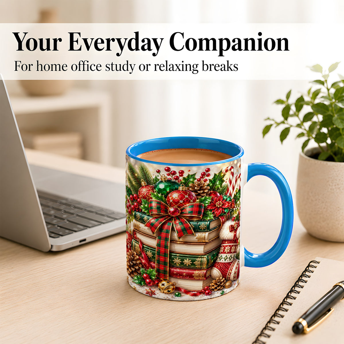 #pl[11oz|Blue] Christmas Book Stack Coffee Mug, Tartan Holiday Mug, Ceramic Cup