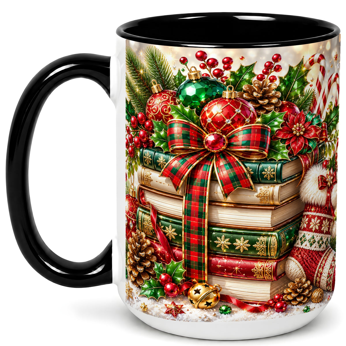 #pl[15oz|Black] Christmas Book Stack Coffee Mug, Tartan Holiday Mug, Ceramic Cup
