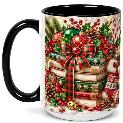 #pl[15oz|Black] Christmas Book Stack Coffee Mug, Tartan Holiday Mug, Ceramic Cup