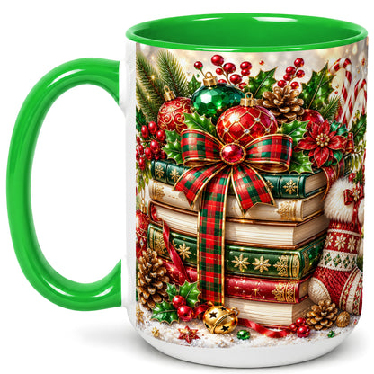 #pl[15oz|Green] Christmas Book Stack Coffee Mug, Tartan Holiday Mug, Ceramic Cup
