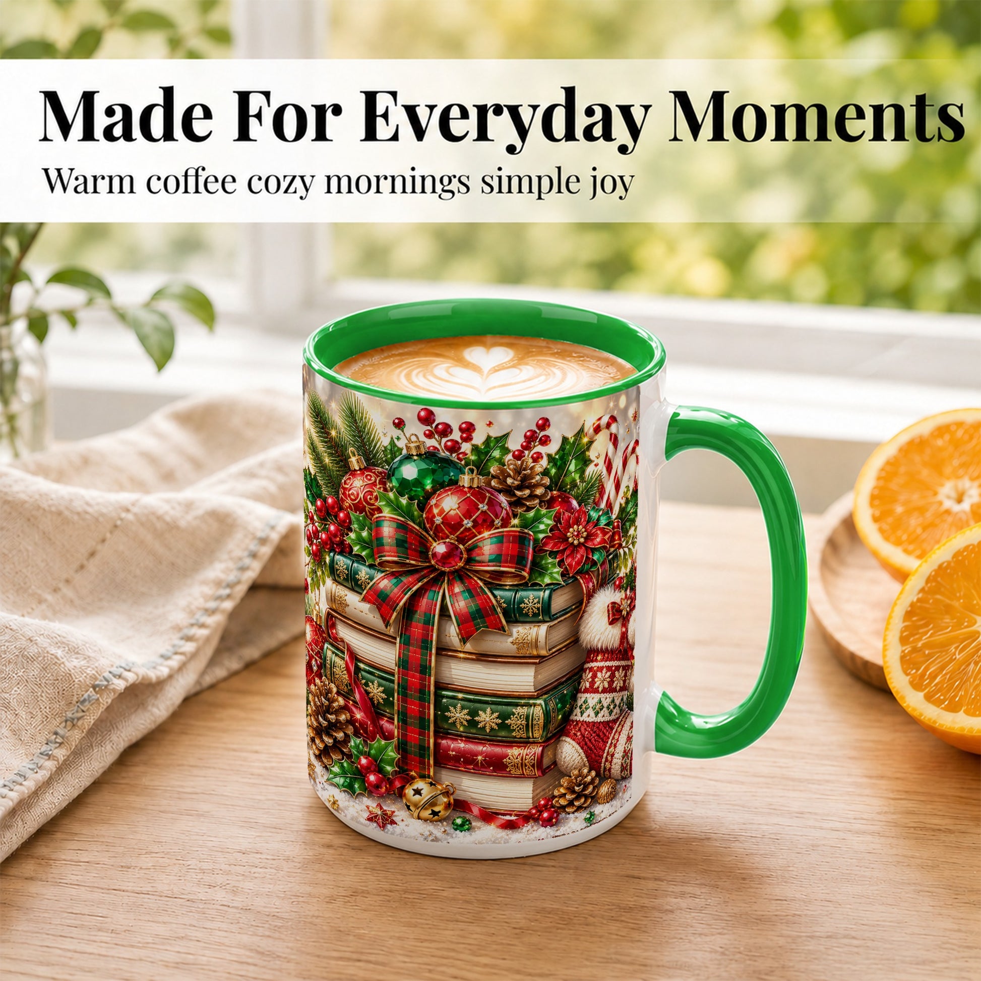 #pl[15oz|Green] Christmas Book Stack Coffee Mug, Tartan Holiday Mug, Ceramic Cup