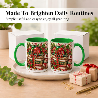 #pl[15oz|Green] Christmas Book Stack Coffee Mug, Tartan Holiday Mug, Ceramic Cup