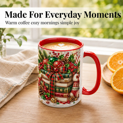 #pl[15oz|Red] Christmas Book Stack Coffee Mug, Tartan Holiday Mug, Ceramic Cup