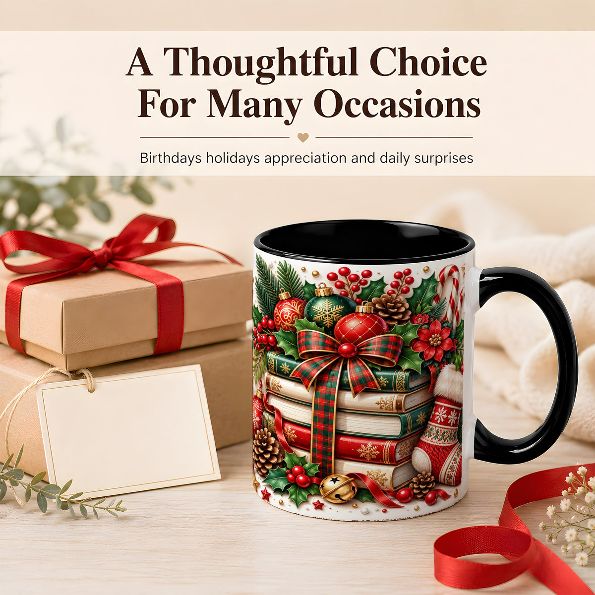 #pl[11oz|Black] Christmas Book Stack Coffee Mug, Plaid Bow Holiday Mug, Ceramic Cup