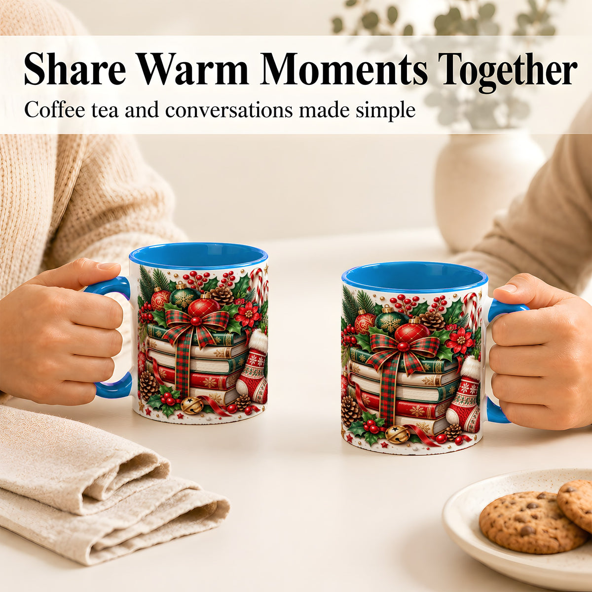 #pl[11oz|Blue] Christmas Book Stack Coffee Mug, Plaid Bow Holiday Mug, Ceramic Cup