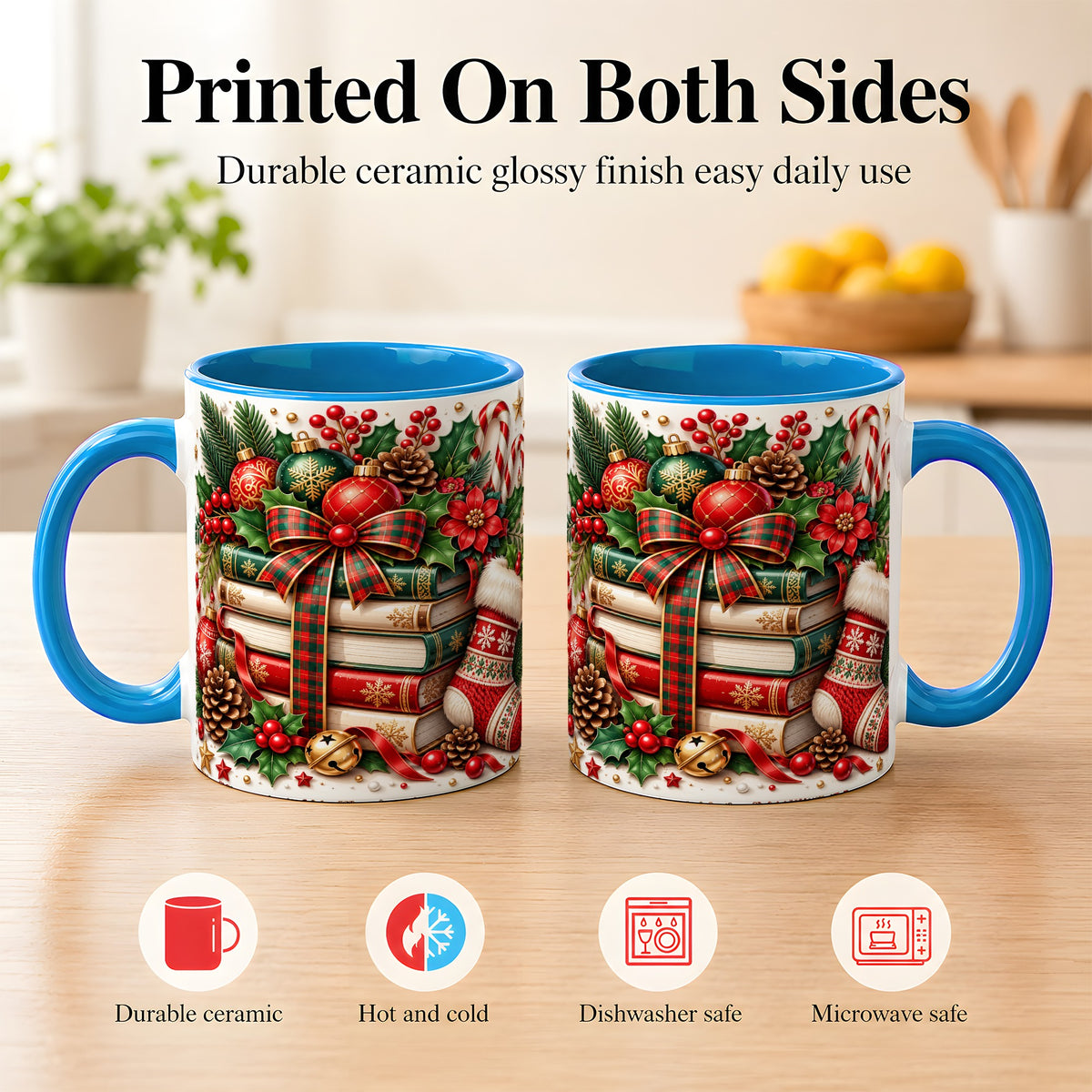 #pl[11oz|Blue] Christmas Book Stack Coffee Mug, Plaid Bow Holiday Mug, Ceramic Cup