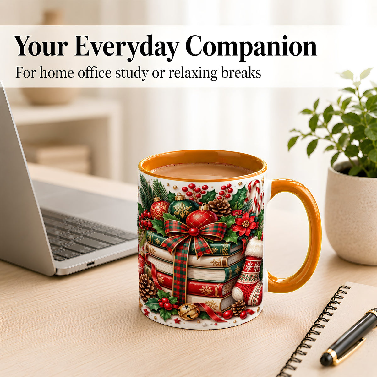 #pl[11oz|Orange] Christmas Book Stack Coffee Mug, Plaid Bow Holiday Mug, Ceramic Cup