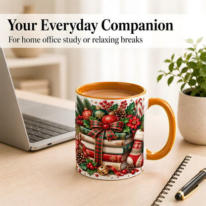 #pl[11oz|Orange] Christmas Book Stack Coffee Mug, Plaid Bow Holiday Mug, Ceramic Cup