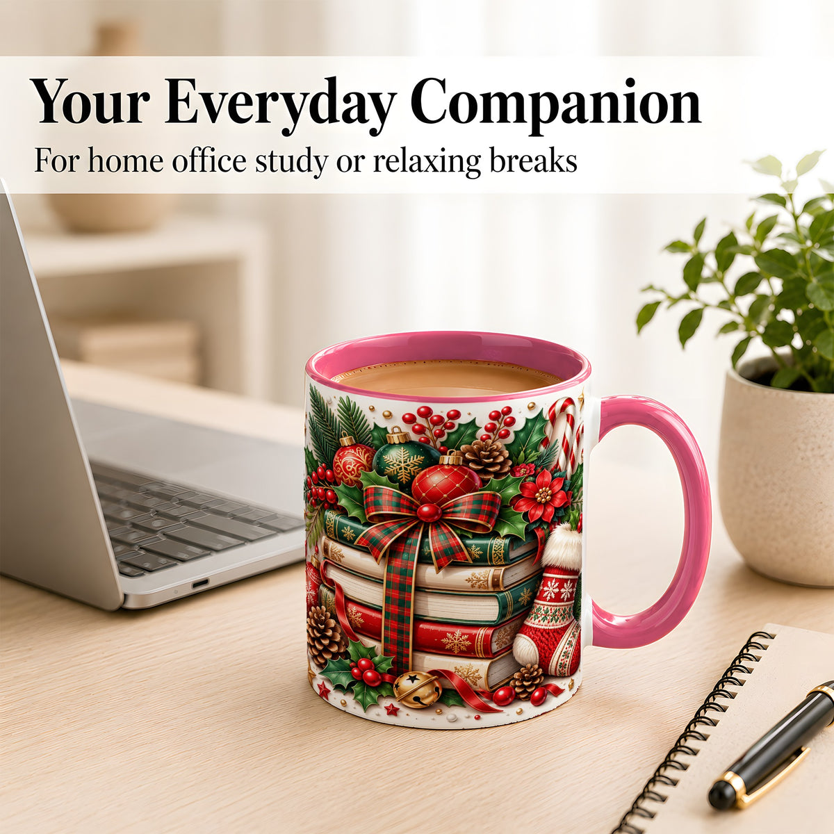 #pl[11oz|Pink] Christmas Book Stack Coffee Mug, Plaid Bow Holiday Mug, Ceramic Cup
