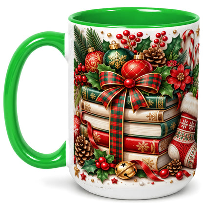 #pl[15oz|Green] Christmas Book Stack Coffee Mug, Plaid Bow Holiday Mug, Ceramic Cup