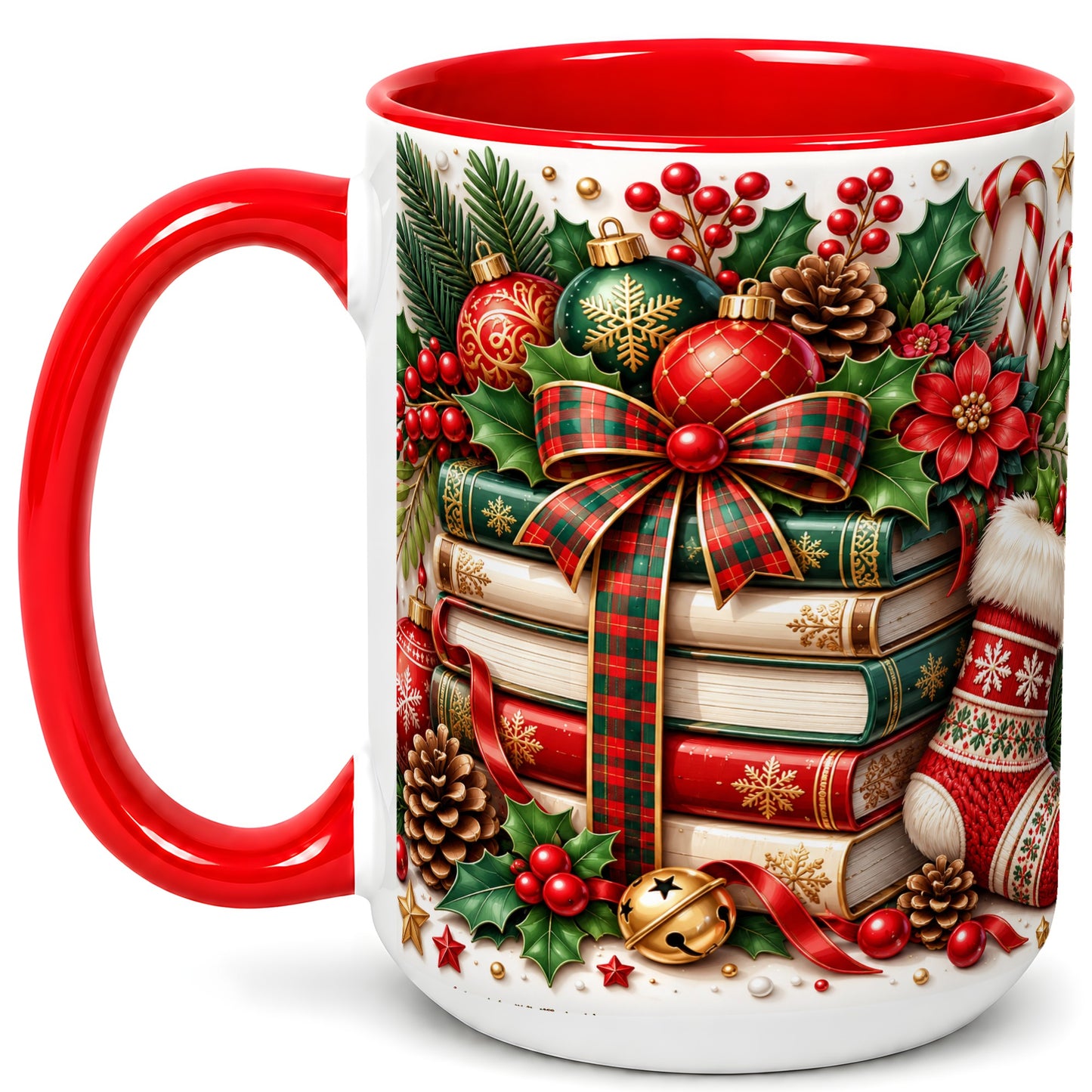 #pl[15oz|Red] Christmas Book Stack Coffee Mug, Plaid Bow Holiday Mug, Ceramic Cup