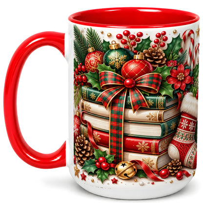 #pl[15oz|Red] Christmas Book Stack Coffee Mug, Plaid Bow Holiday Mug, Ceramic Cup