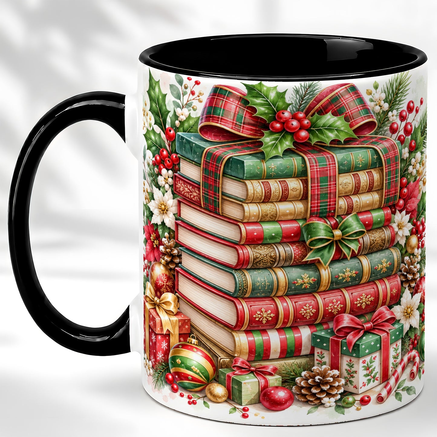 #pl[11oz|Black] Watercolor Christmas Books Coffee Mug, Plaid Bow Mug, Ceramic Cup