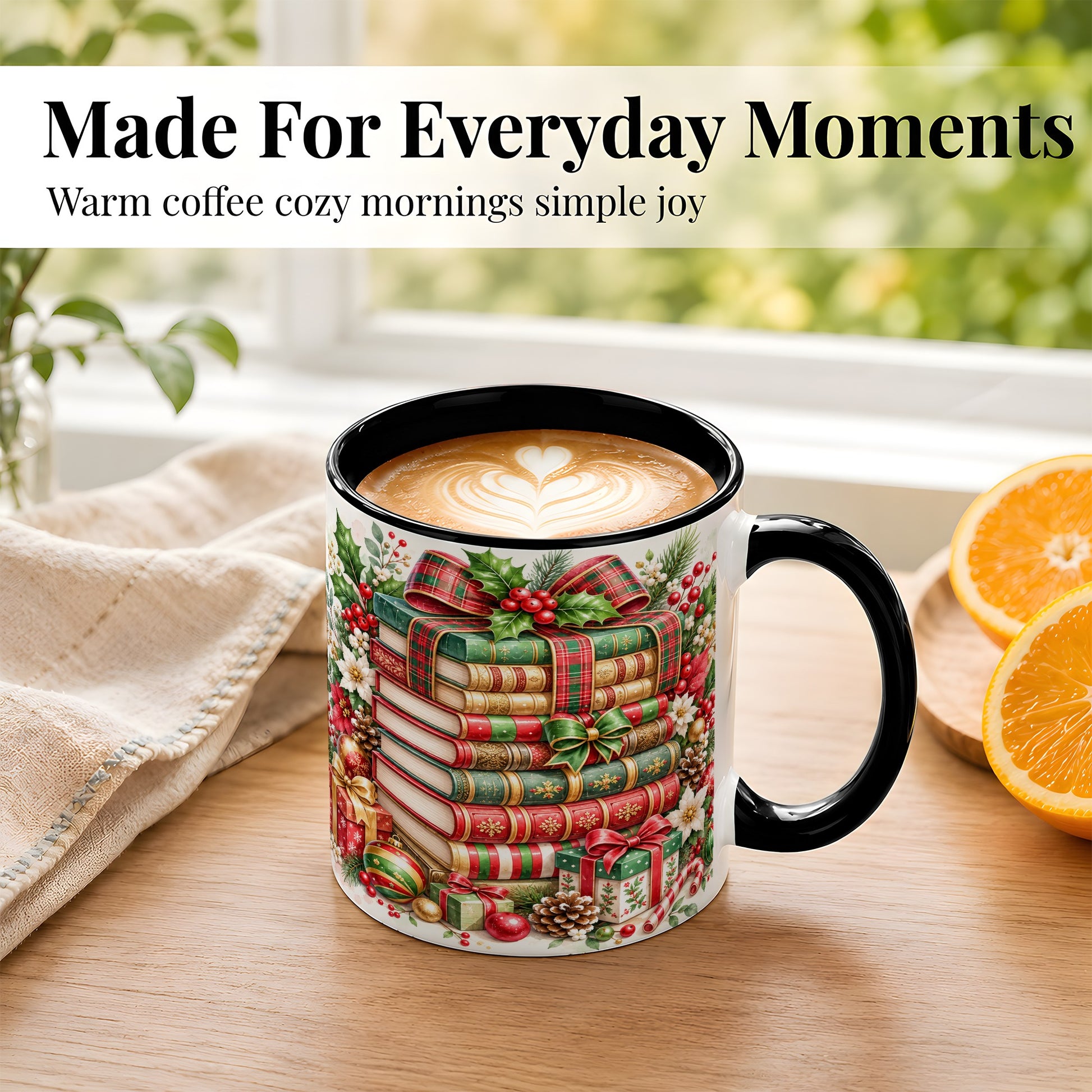 #pl[11oz|Black] Watercolor Christmas Books Coffee Mug, Plaid Bow Mug, Ceramic Cup