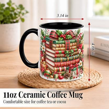 #pl[11oz|Black] Watercolor Christmas Books Coffee Mug, Plaid Bow Mug, Ceramic Cup