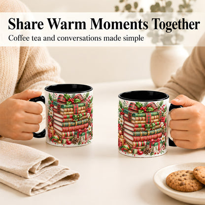 #pl[11oz|Black] Watercolor Christmas Books Coffee Mug, Plaid Bow Mug, Ceramic Cup