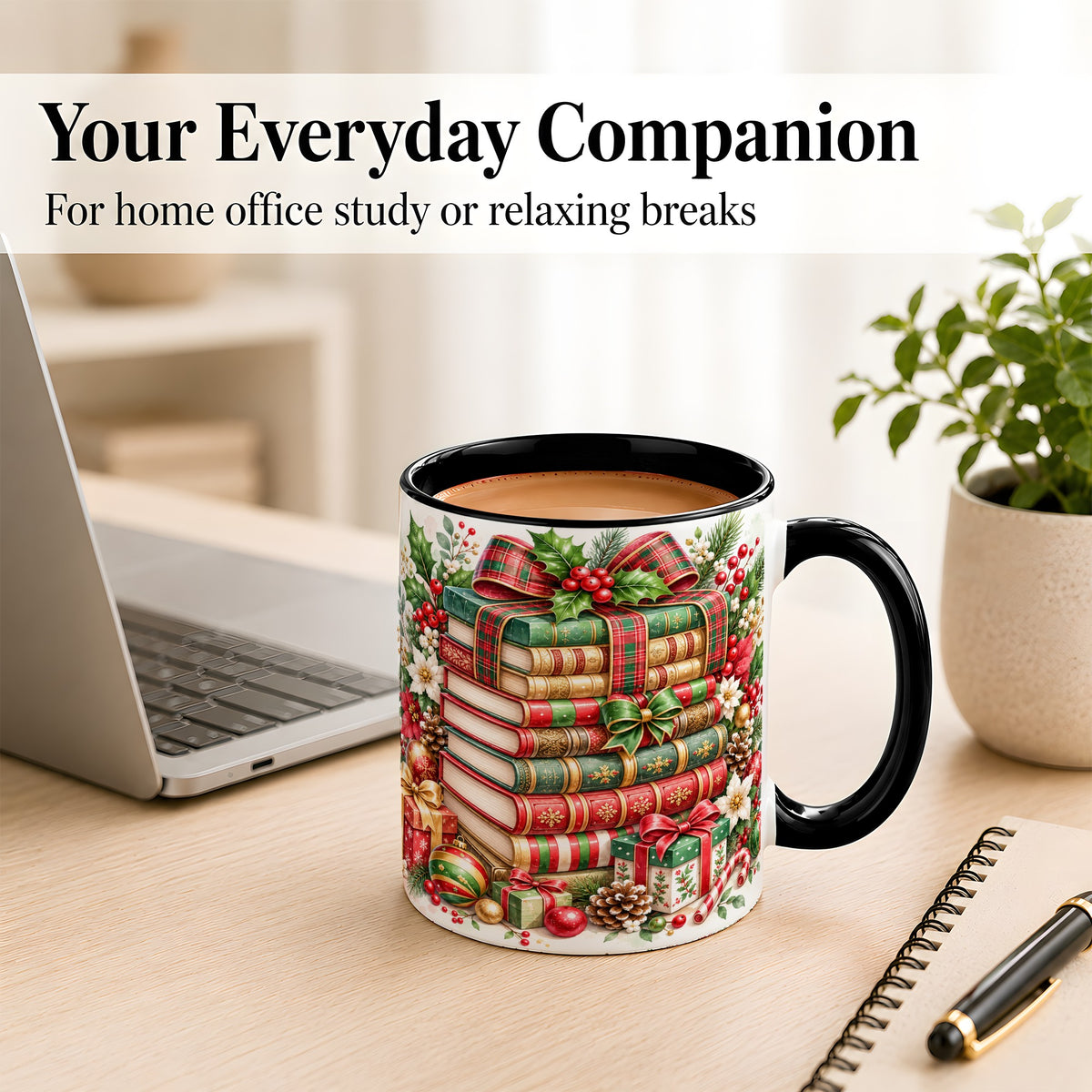 #pl[11oz|Black] Watercolor Christmas Books Coffee Mug, Plaid Bow Mug, Ceramic Cup