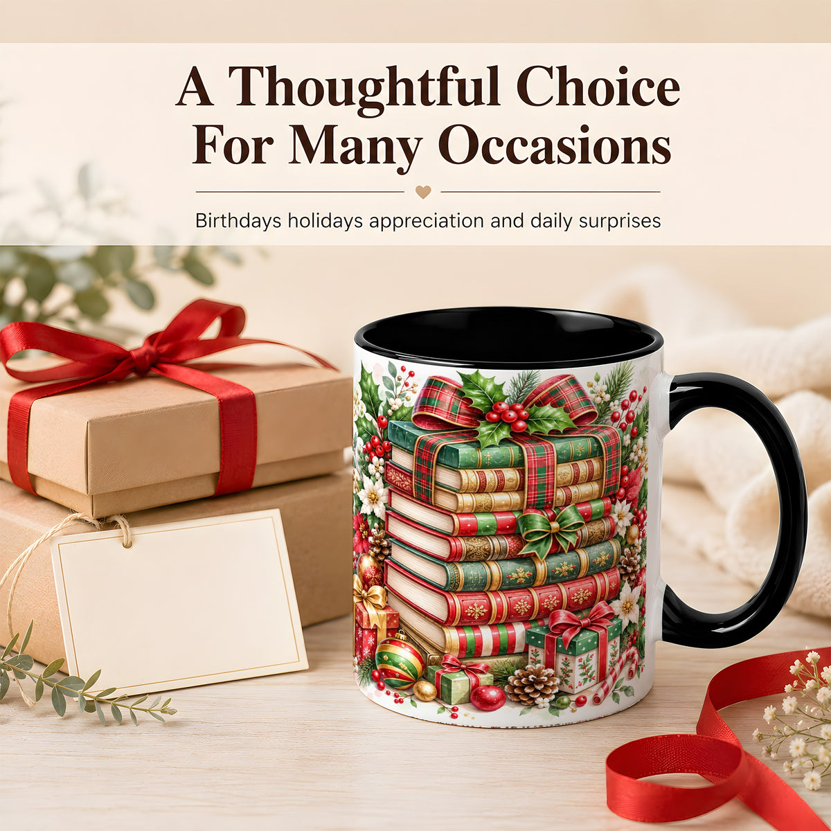 #pl[11oz|Black] Watercolor Christmas Books Coffee Mug, Plaid Bow Mug, Ceramic Cup