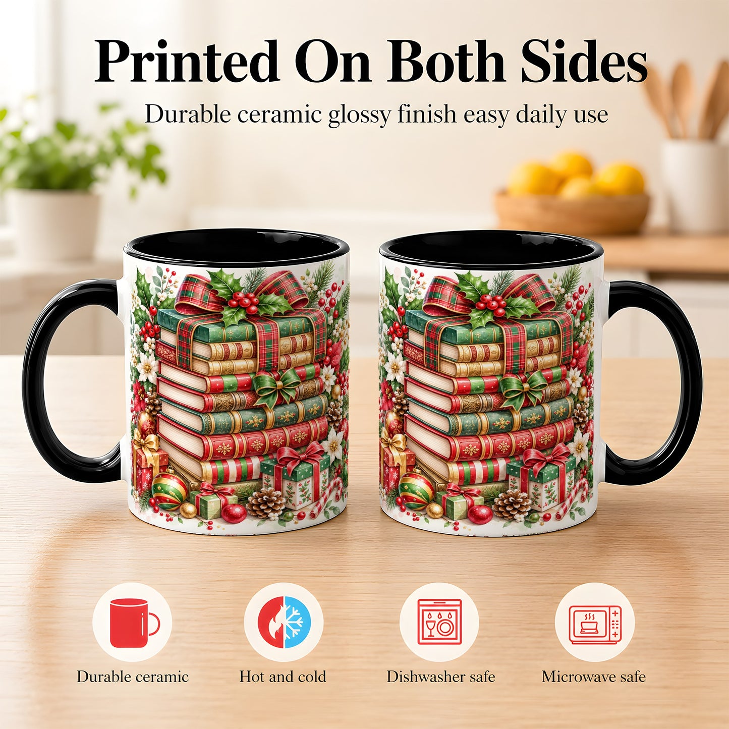 #pl[11oz|Black] Watercolor Christmas Books Coffee Mug, Plaid Bow Mug, Ceramic Cup