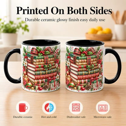 #pl[11oz|Black] Watercolor Christmas Books Coffee Mug, Plaid Bow Mug, Ceramic Cup