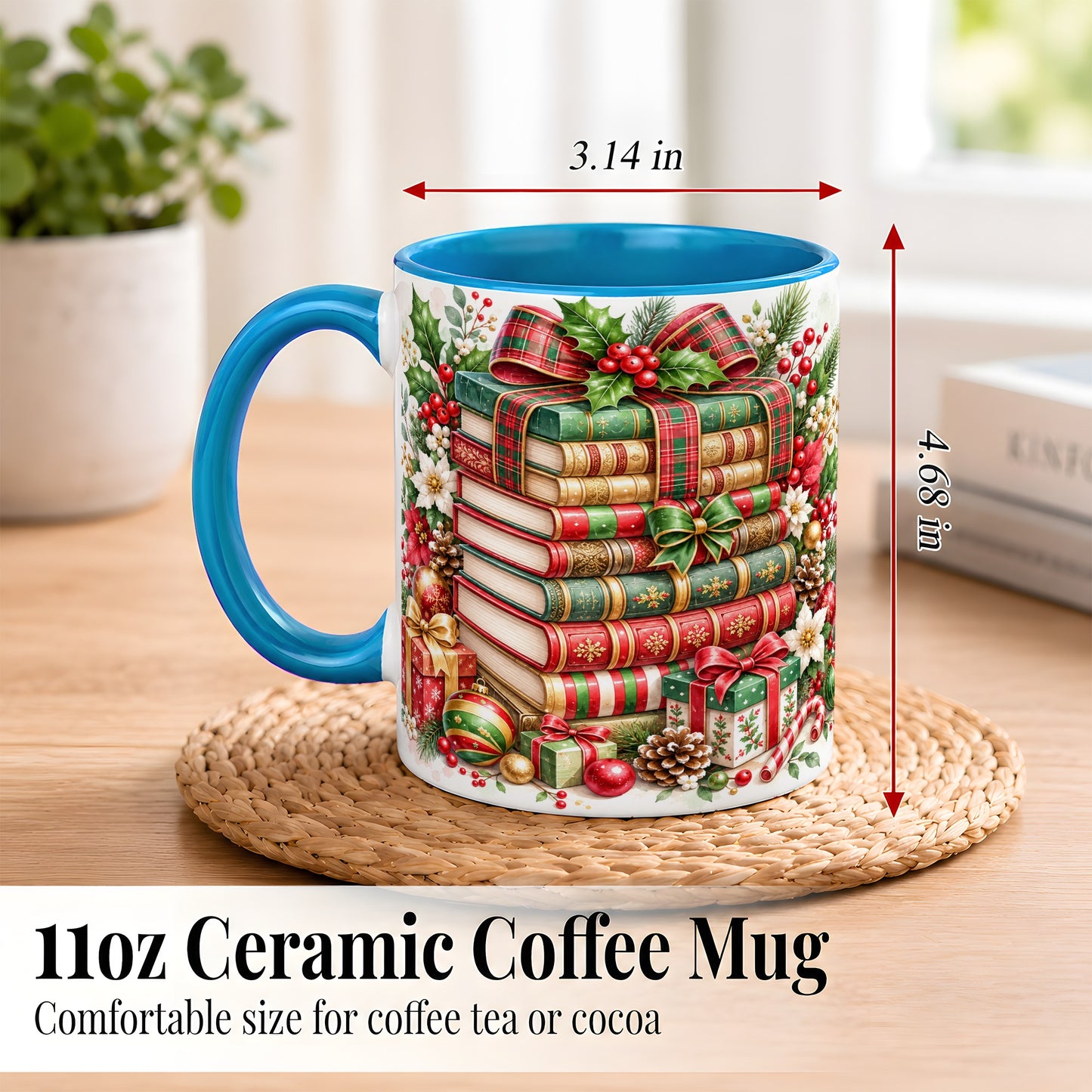#pl[11oz|Blue] Watercolor Christmas Books Coffee Mug, Plaid Bow Mug, Ceramic Cup