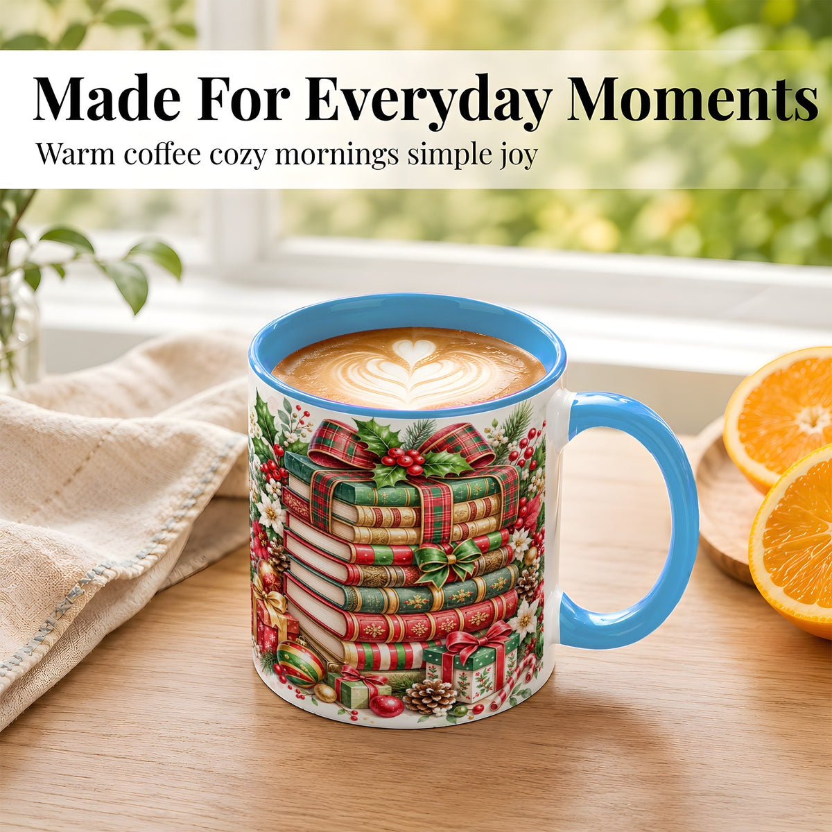 #pl[11oz|Blue] Watercolor Christmas Books Coffee Mug, Plaid Bow Mug, Ceramic Cup