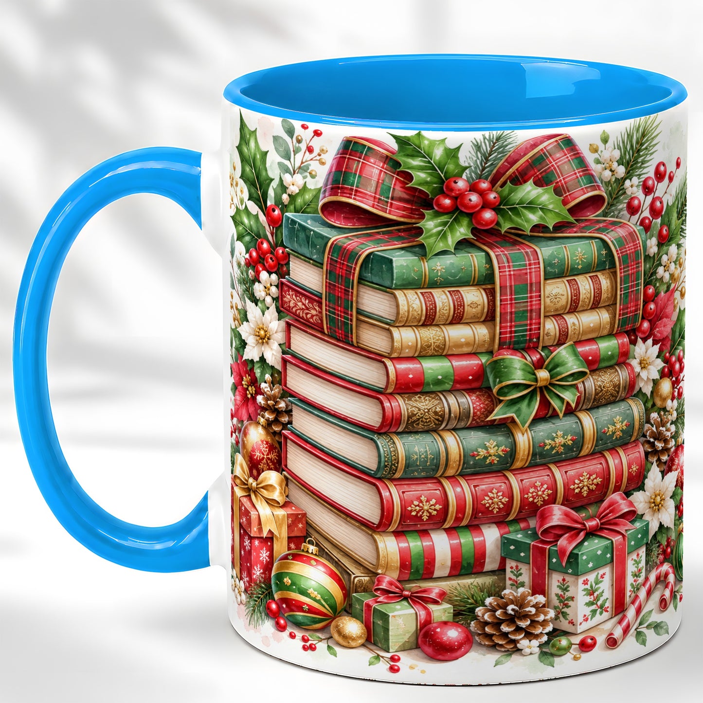 #pl[11oz|Blue] Watercolor Christmas Books Coffee Mug, Plaid Bow Mug, Ceramic Cup