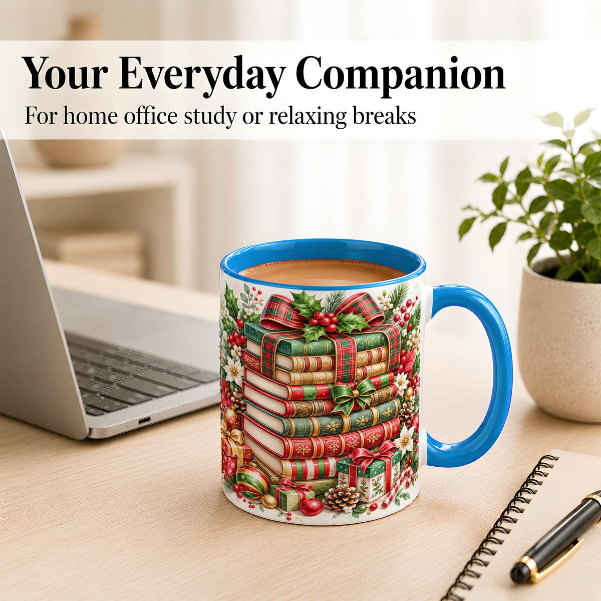 #pl[11oz|Blue] Watercolor Christmas Books Coffee Mug, Plaid Bow Mug, Ceramic Cup