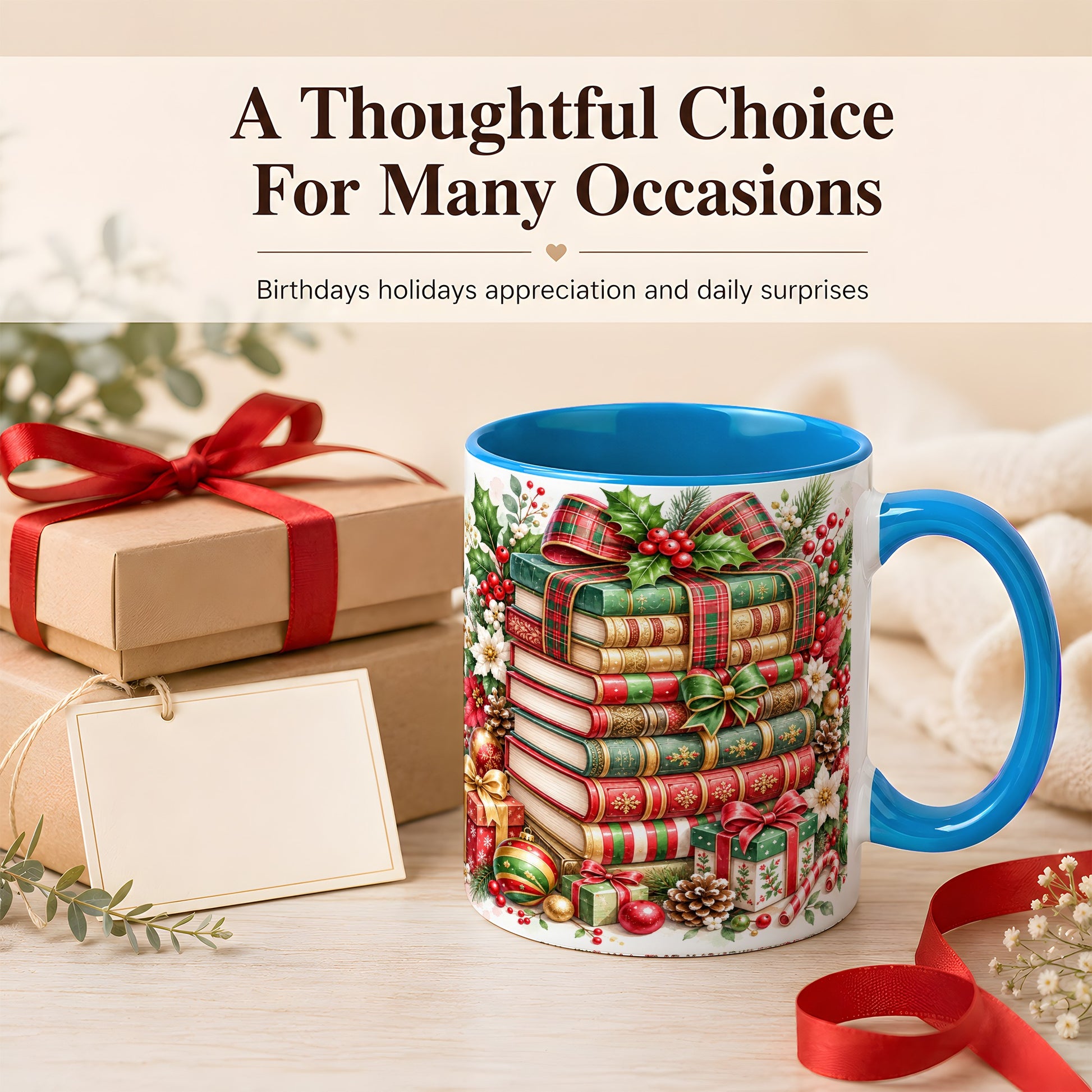 #pl[11oz|Blue] Watercolor Christmas Books Coffee Mug, Plaid Bow Mug, Ceramic Cup