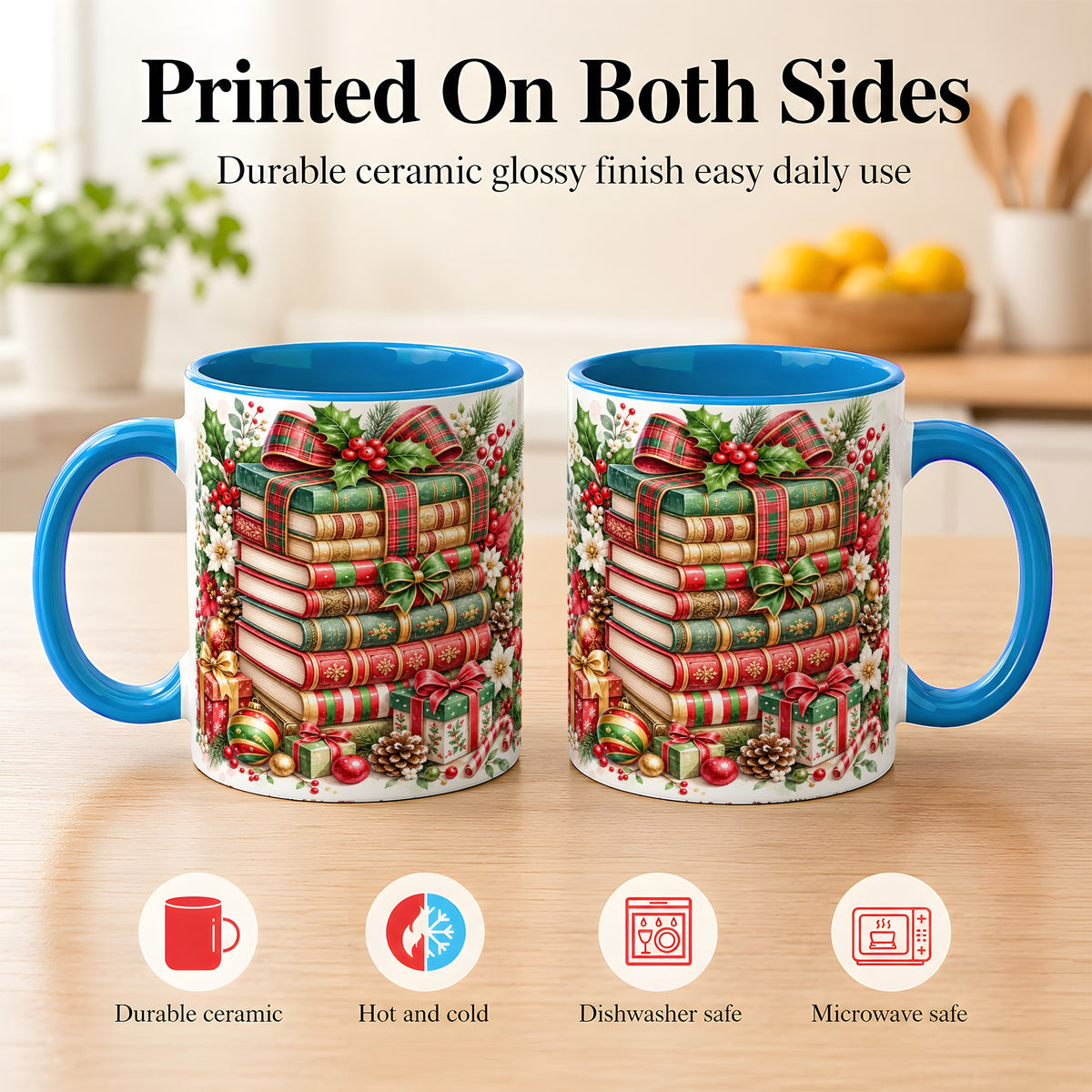 #pl[11oz|Blue] Watercolor Christmas Books Coffee Mug, Plaid Bow Mug, Ceramic Cup