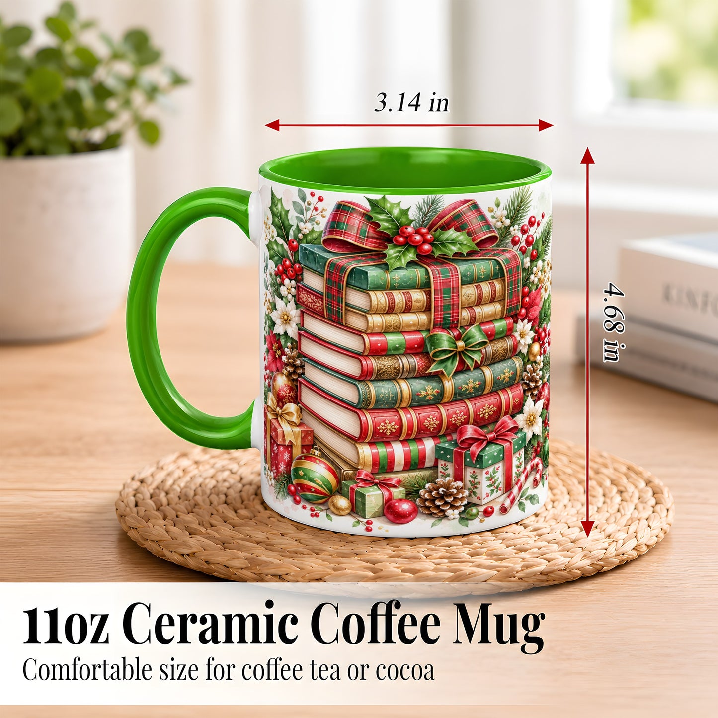 #pl[11oz|Green] Watercolor Christmas Books Coffee Mug, Plaid Bow Mug, Ceramic Cup