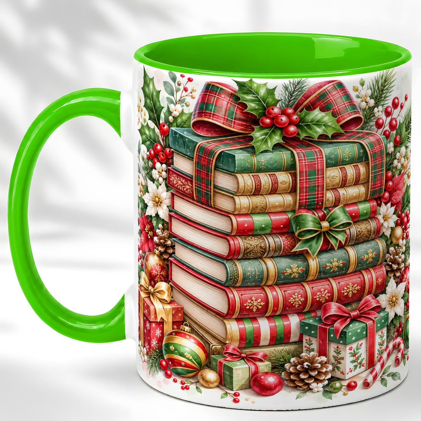 #pl[11oz|Green] Watercolor Christmas Books Coffee Mug, Plaid Bow Mug, Ceramic Cup