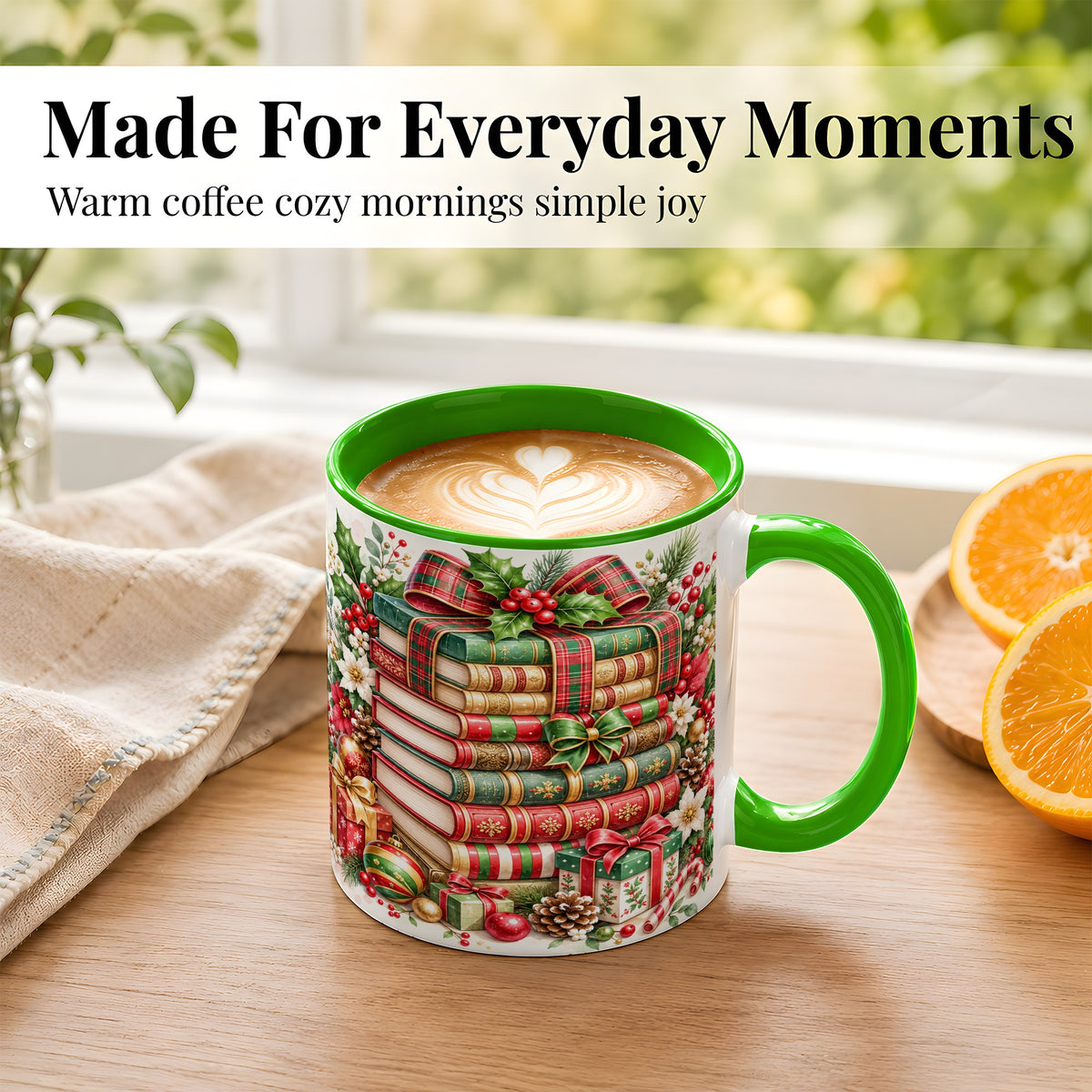 #pl[11oz|Green] Watercolor Christmas Books Coffee Mug, Plaid Bow Mug, Ceramic Cup