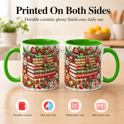 #pl[11oz|Green] Watercolor Christmas Books Coffee Mug, Plaid Bow Mug, Ceramic Cup