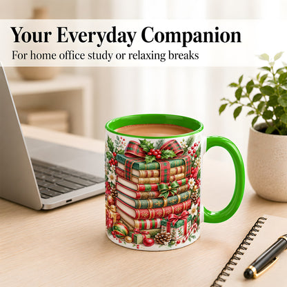 #pl[11oz|Green] Watercolor Christmas Books Coffee Mug, Plaid Bow Mug, Ceramic Cup